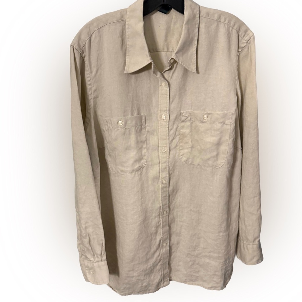 Ralph Lauren Women’s LINEN Button Up Shirt Khaki Plus Sz 1X EUC